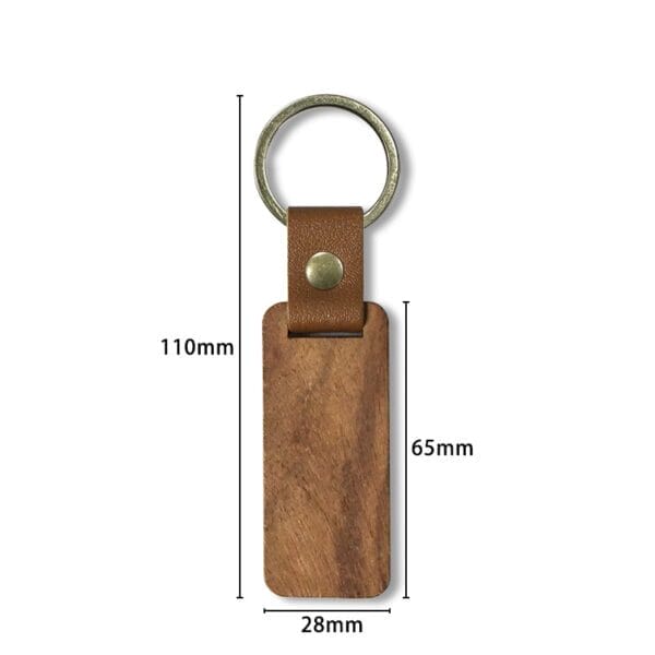 Wholesale Wooden Keychains: Custom laser-cut wooden keychain with leather strap and metal ring