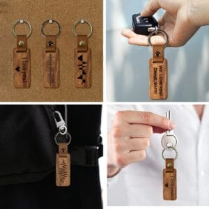 Custom laser-cut wooden keychains with leather straps. Wholesale wooden keychains with "I love you" engraving and soundwave designs.