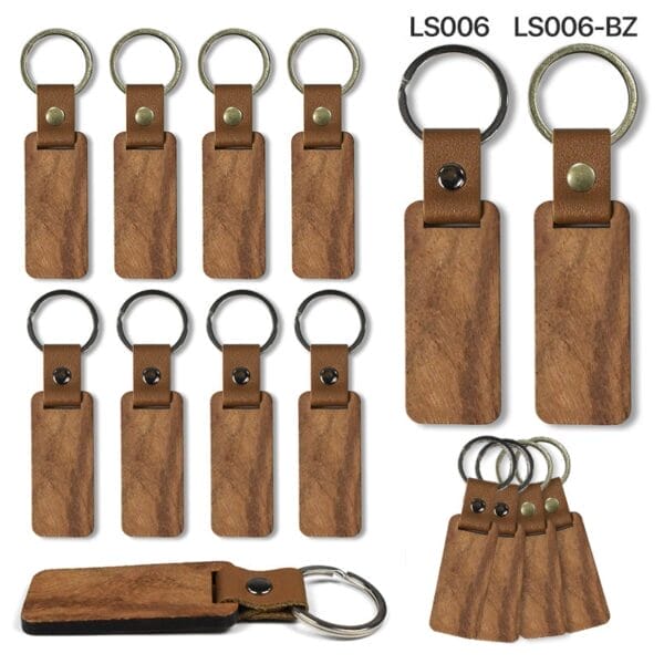 Wholesale wooden keychains: Custom laser-cut wooden keychains with leather accent and metal keyring