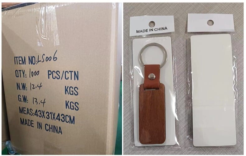 Wholesale wooden keychains: 1000 pcs/ctn, custom laser-cut wooden keychains supplier, made in China.