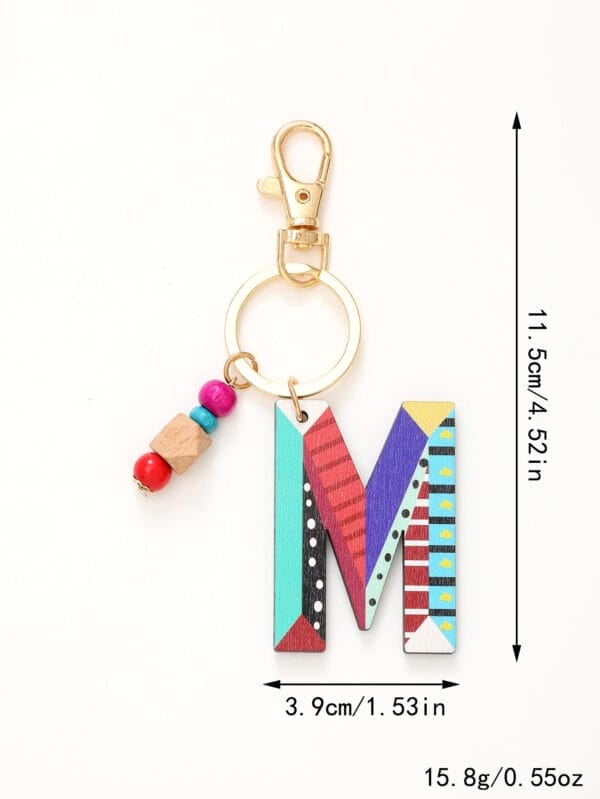 Wholesale Wood Bead Keychain: Letter "M" with colorful geometric design and wood beads.