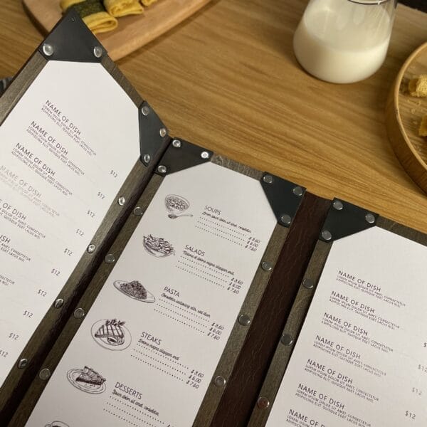 Wooden foldable restaurant menu with prices and food illustrations. Wholesale menu covers.