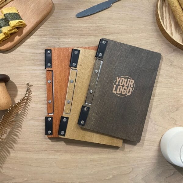 Three wooden menu covers in different colors; brown, beige, and gray. Wholesale foldable restaurant price lists.