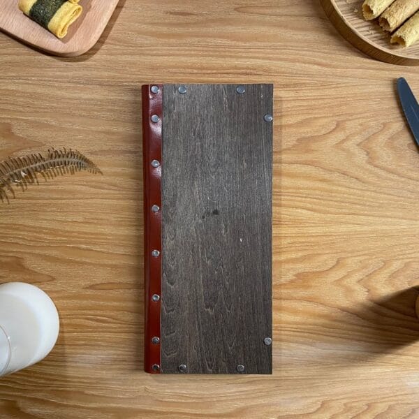 Wooden menu cover with red leather spine, ideal for restaurants. Wholesale foldable price lists available.