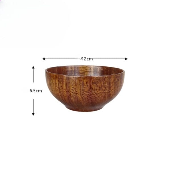 A wooden bowl with a diameter of 12 cm and a height of 6.5 cm is shown against a white background with measurement arrows, ideal for those seeking durable wood bowls for everyday use.