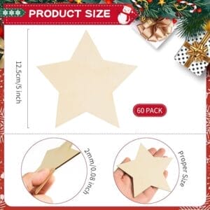 60 Pack 5-inch Wooden Star Shapes for Crafts. Perfect for DIY projects.