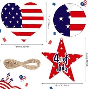 Patriotic wooden craft shapes: heart, circle & star with American flag designs. Perfect for 4th of July DIY projects. Includes jute twine.