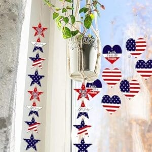 Patriotic wooden stars and hearts for 4th of July decorations. Perfect for Independence Day crafts.