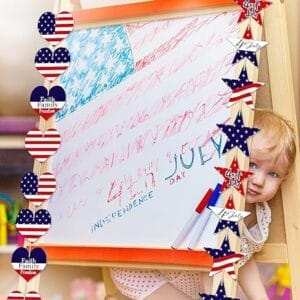 Patriotic wooden stars and hearts garland; perfect 4th of July decoration.