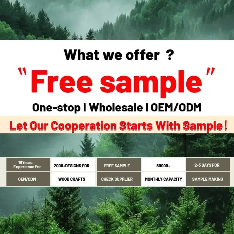 Promotional graphic offering free samples for wholesale, OEM/ODM Wooden Craft Letters, with service details and a forest background.