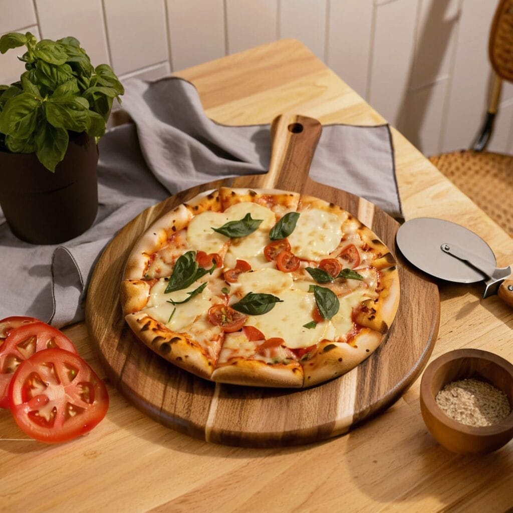 A Margherita pizza with mozzarella, cherry tomatoes, and basil rests on an acacia wood cutting board next to sliced tomatoes, a pizza cutter, a bowl of seasonings, and a potted basil plant.