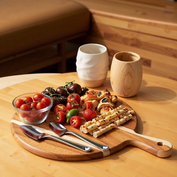 A round charcuterie board with cherry tomatoes, strawberries, pastry rolls, breadsticks, and utensils sits beside two cups on a wooden table. This Acacia Wood Cutting Board adds rustic charm to your gatherings.