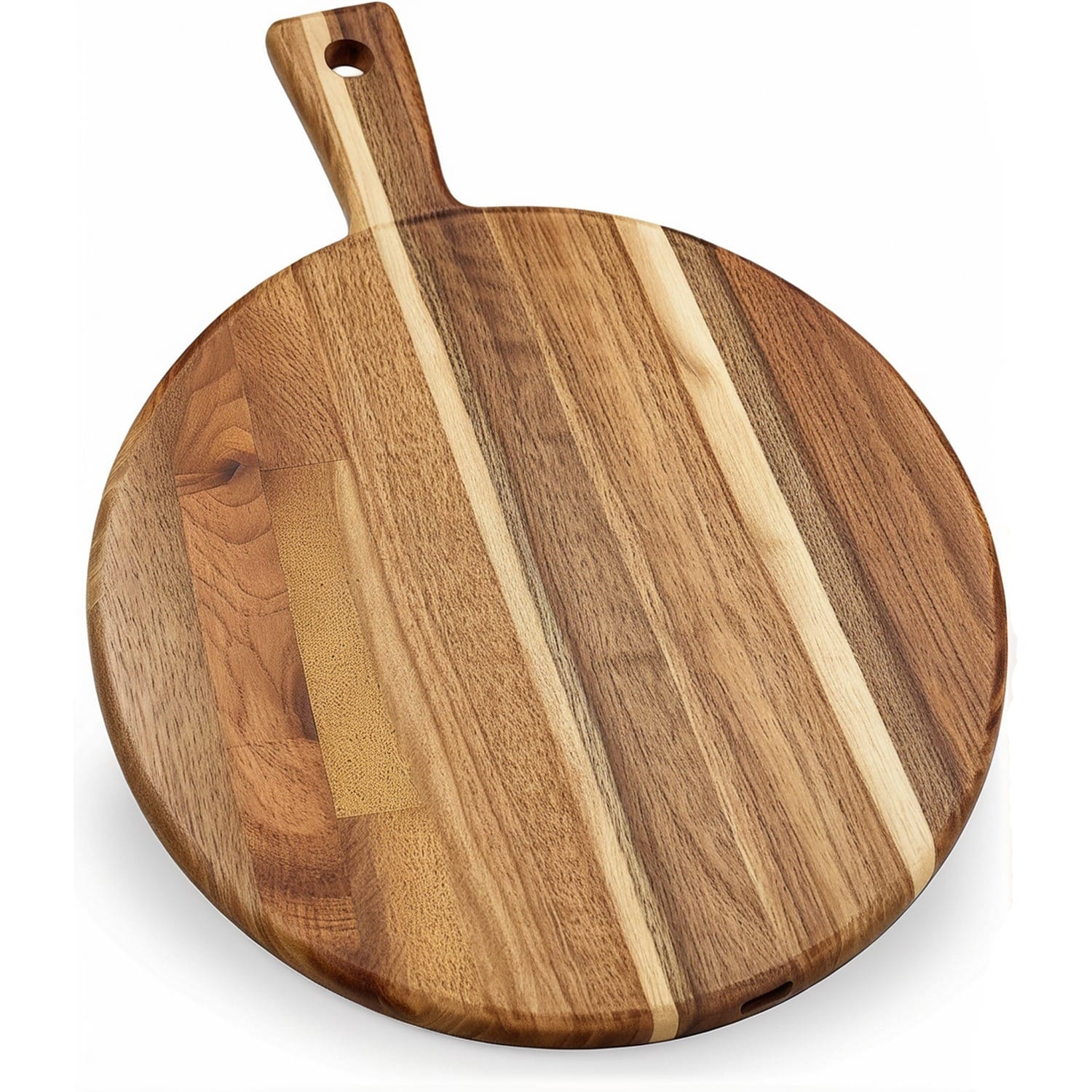 A round Acacia Wood Cutting Board with handle, showcasing beautiful light and dark wood grain patterns, is placed on a white background.