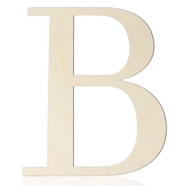 A large, light-colored wooden letter "B" stands upright against a white background—perfect for DIY wall decor or adding to your collection of wooden craft letters.