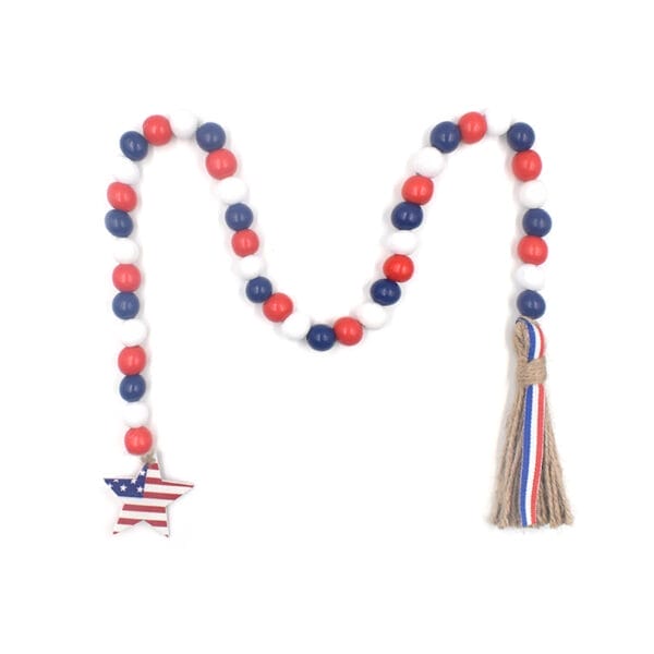 Patriotic beaded garland with wooden beads in red, white, and blue, and a star-shaped charm.
