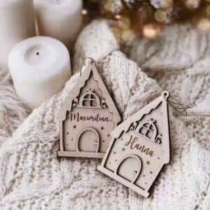 Personalized laser-cut wooden Christmas house ornaments; names Maximilian & Hanna. Wooden christmas tree decorations wholesale.