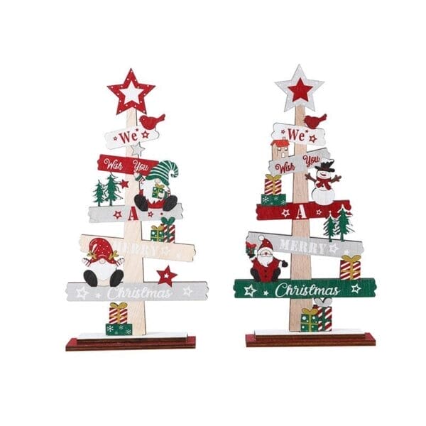 Two christmas wooden ornaments shaped like trees with festive designs, featuring "Merry Christmas" text, stars, Santa, snowman, and gift illustrations on horizontal slats.