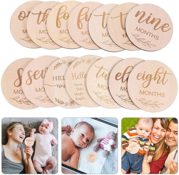 A set of customized wood milestone discs labeled with months and “Hello World,” shown along with photos of babies and parents holding or displaying these adorable baby photo props.