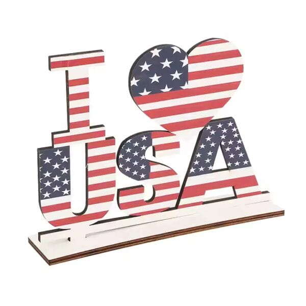 Wooden "I Love USA" sign with American flag design. Wholesale wood craft decoration.