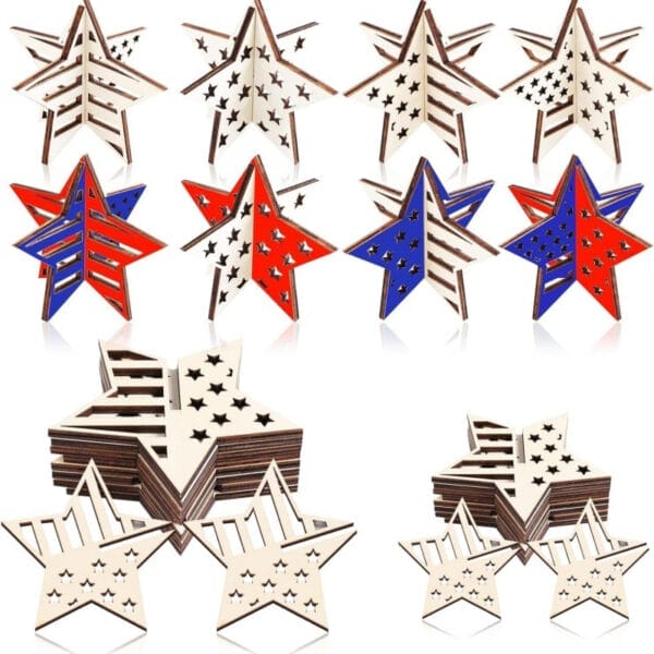 Assorted patriotic wooden stars; wholesale craft wood star signs available for custom orders.