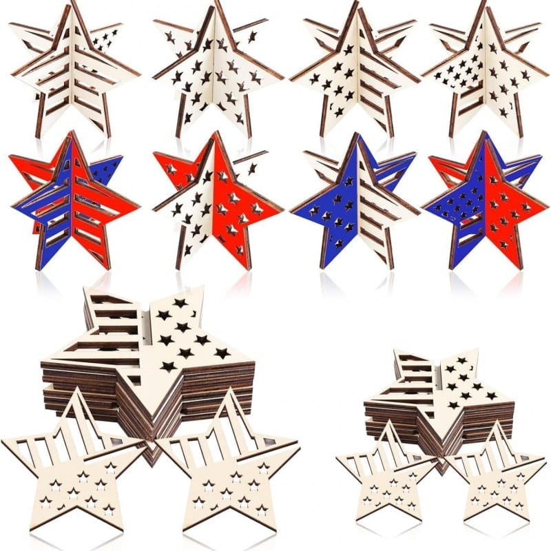 Assorted patriotic wooden stars; wholesale craft wood star signs available for custom orders.