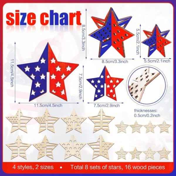 Size chart for craft wood stars; 4 styles, 2 sizes, 16 pieces. Wholesale & custom orders available.