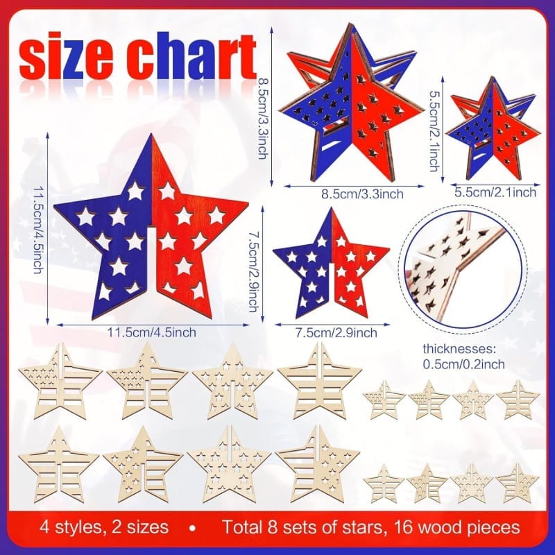 Size chart for craft wood stars; 4 styles, 2 sizes, 16 pieces. Wholesale & custom orders available.