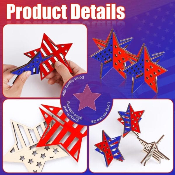 Assembled and unassembled red, white, and blue wooden star craft. Wholesale and custom orders available.