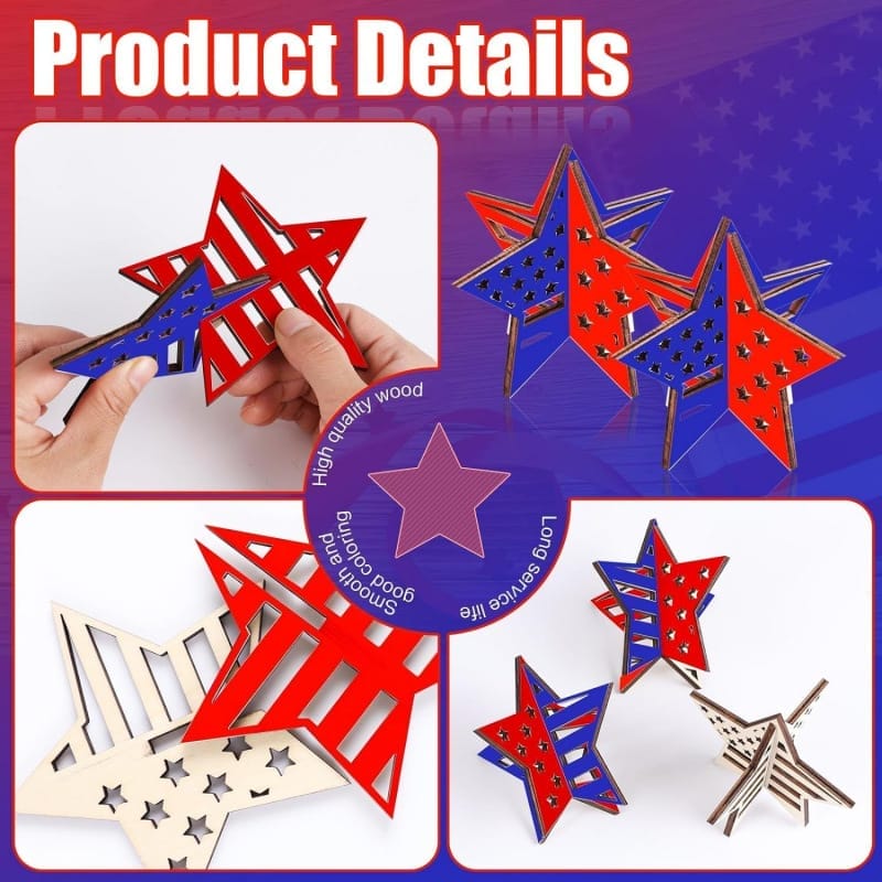 Assembled and unassembled red, white, and blue wooden star craft. Wholesale and custom orders available.
