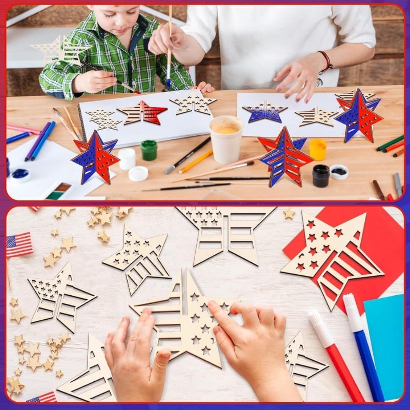 Children paint unfinished wooden stars for a patriotic craft project. Wholesale and custom wood star signs available.