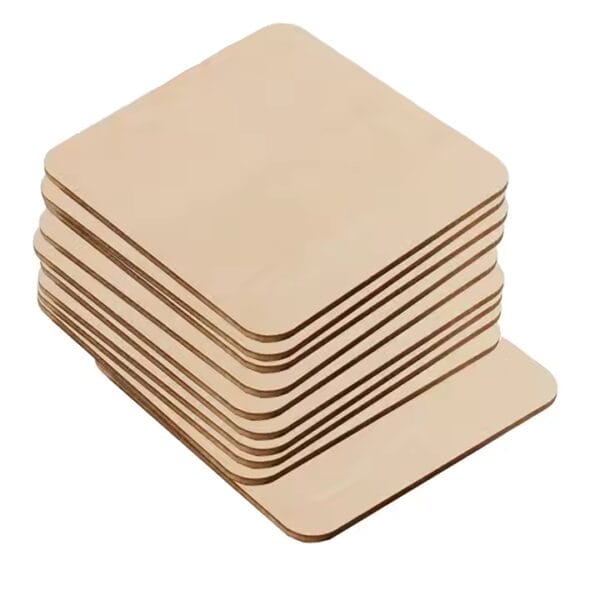 Stack of square, eco-friendly wooden business cards, ready for customization. Wholesale available.