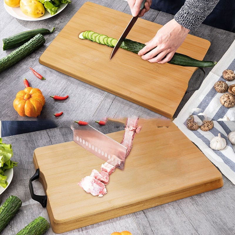 Two bamboo cutting boards, one with sliced cucumbers, the other with cut pork ribs. Eco-friendly, wholesale.