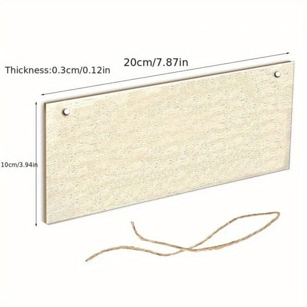 Customizable beige wood sign, 20cm x 10cm, with twine. Eco-friendly wooden wall decor.