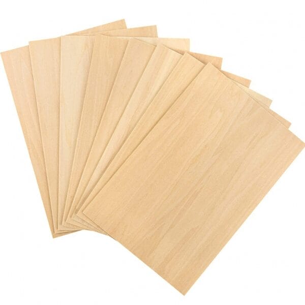 A stack of eight light brown decorative wood pieces is arranged in a fanned-out pattern on a white background, perfect for inspiring ideas in home decor or creating a stylish background wall.