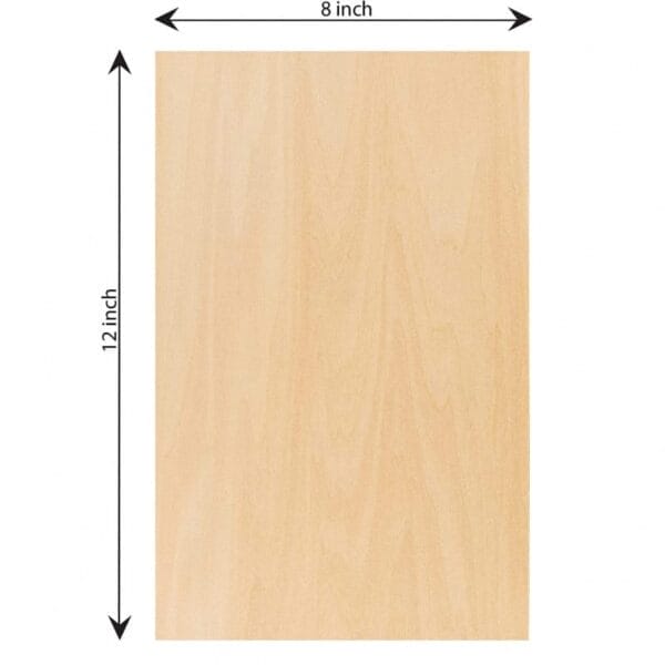 A rectangular sheet of light-colored wood measuring 8 inches wide by 12 inches tall, with arrows and labels indicating dimensions—perfect as a Decorative Wood Piece for background wall displays or stylish home decor accents.