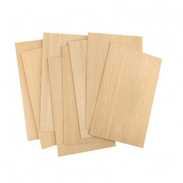 Seven sheets of light-colored wood veneer overlap each other, creating a layered effect perfect for home decor or as decorative wood pieces on a background wall.