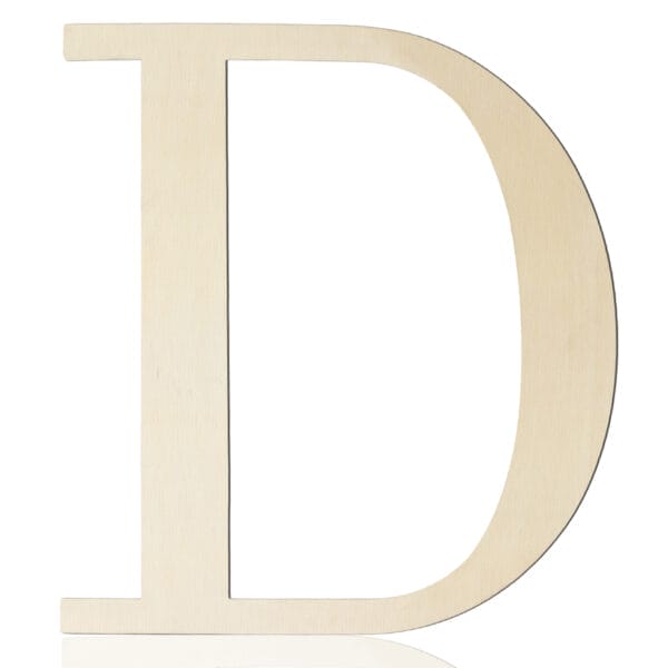 A large, light-colored wooden letter "D" stands upright against a white background, perfect for DIY wall decor or personalized wooden craft letters.