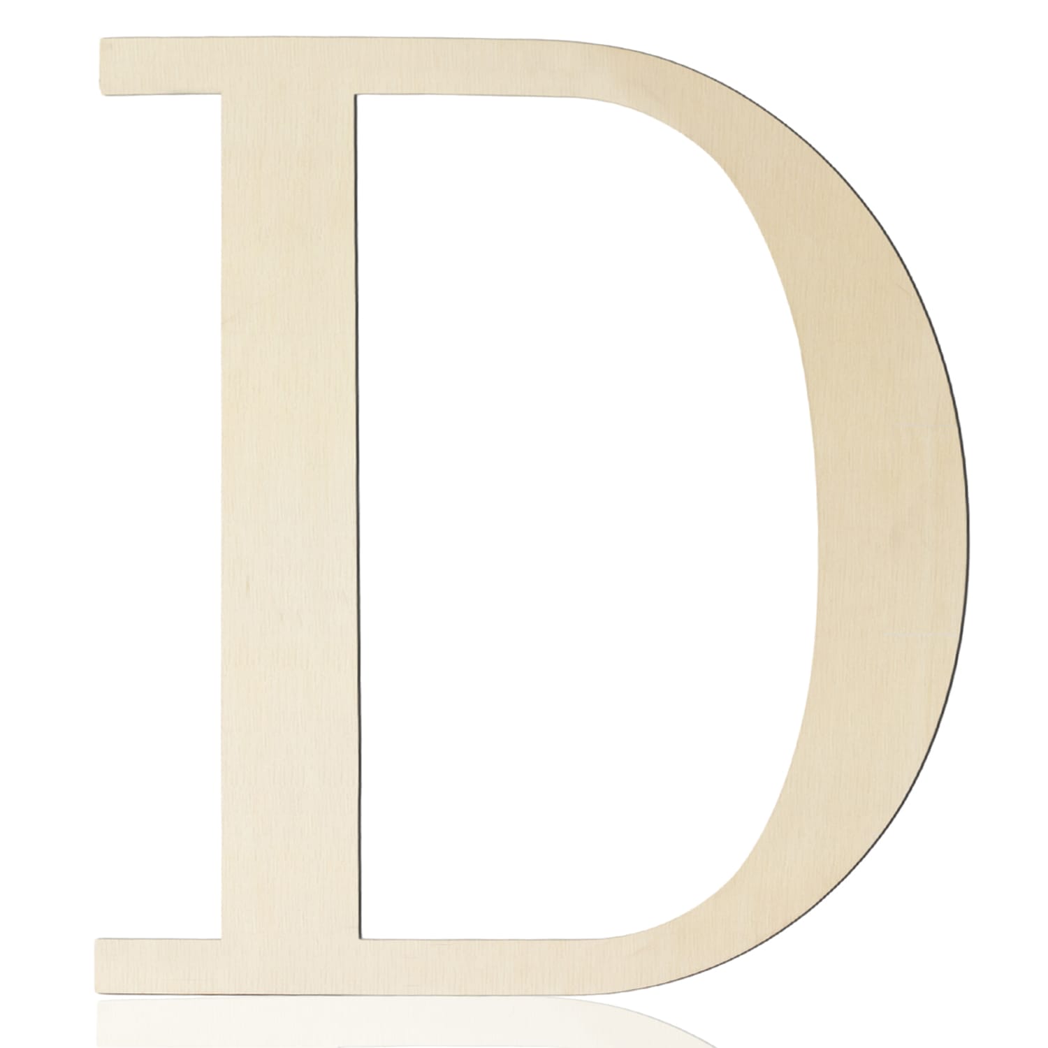 A large, light-colored wooden letter "D" stands upright against a white background, perfect for DIY wall decor or personalized wooden craft letters.
