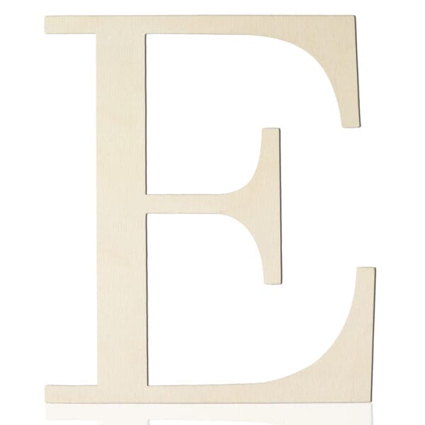 A large, light-colored wooden craft letter "E" is displayed upright against a plain white background, perfect for wall decor or wholesale wooden letters projects.