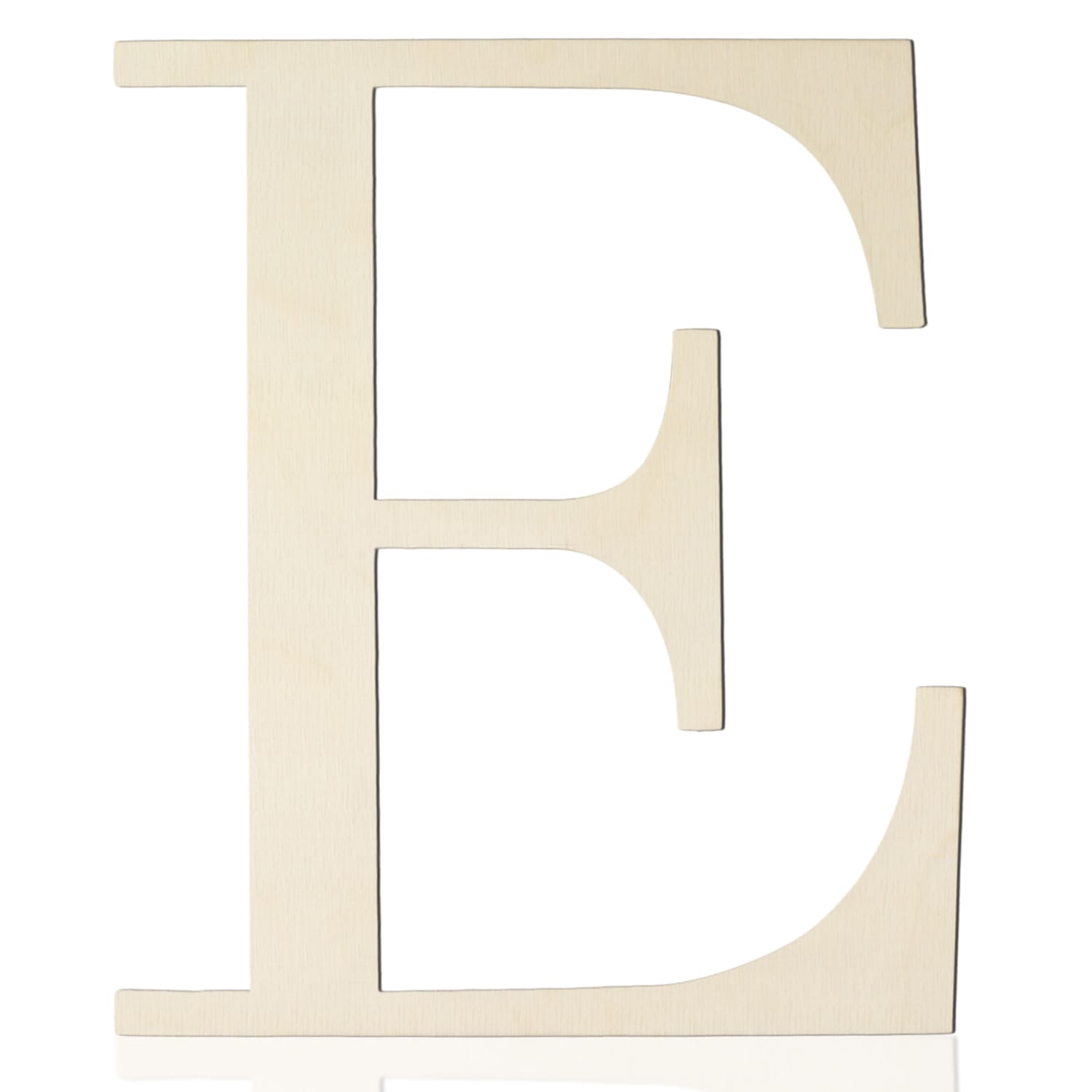 A large, light-colored wooden craft letter "E" is displayed upright against a plain white background, perfect for wall decor or wholesale wooden letters projects.