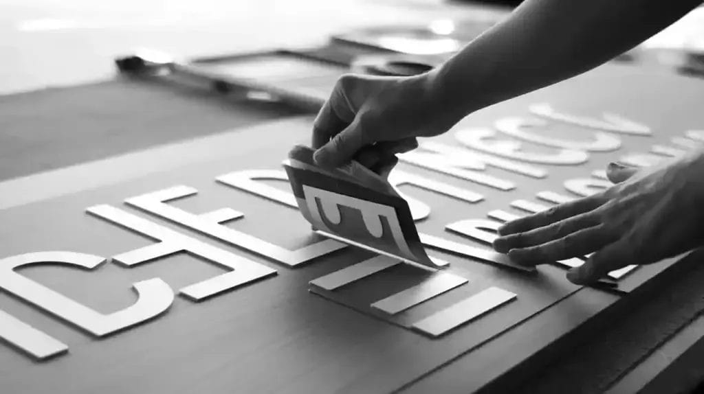 A person uses a stencil to transfer letters onto wood, carefully aligning the stencil and brush to paint bold lettering on the wooden surface.