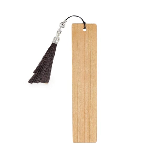 Wooden bookmark with dark brown tassel. Custom engravable bookmark for distribution.
