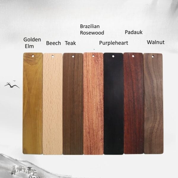 Vintage Chinese Style Redwood engraved bookmarks: Golden Elm, Beech, Teak, Rosewood, Purpleheart, Padauk, Walnut wood types.
