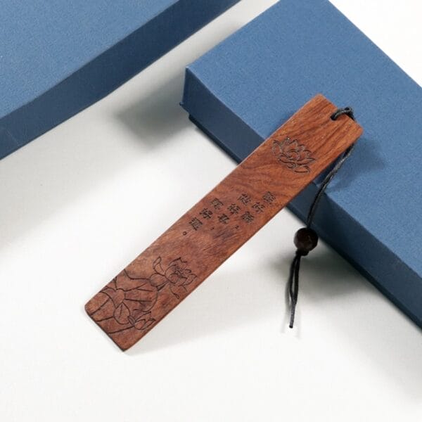 Vintage Chinese Style Redwood Engraved Bookmark with lotus flower design. Unique wooden engraved bookmarks.