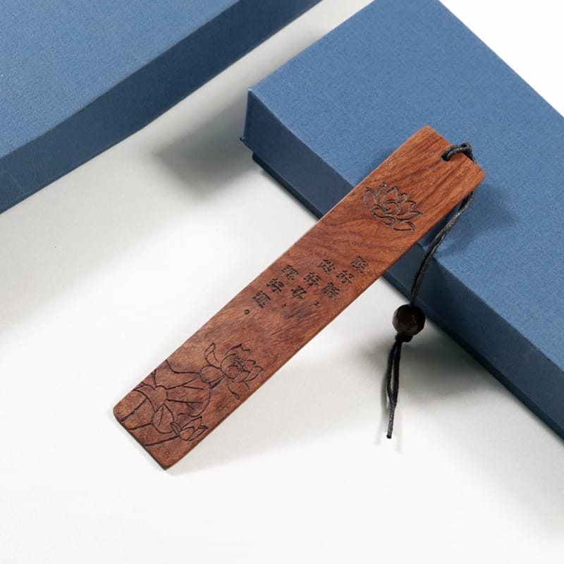 Vintage Chinese Style Redwood Engraved Bookmark with lotus flower design. Unique wooden engraved bookmarks.