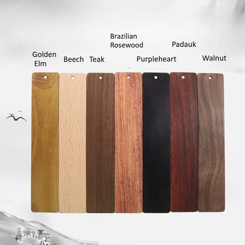 Vintage Chinese Style Redwood engraved bookmarks: Golden Elm, Beech, Teak, Rosewood, Purpleheart, Padauk, Walnut wood types.
