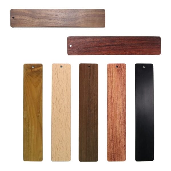 Six rectangular wooden samples of different colors and grains are displayed, each with a small hole at one end for hanging or labeling—perfect for custom wood crafts or creating vintage Chinese style Redwood engraved bookmarks.