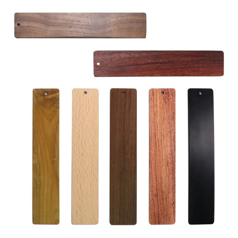 Six rectangular wooden samples of different colors and grains are displayed, each with a small hole at one end for hanging or labeling—perfect for custom wood crafts or creating vintage Chinese style Redwood engraved bookmarks.