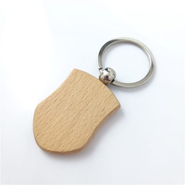 Laser cut wood keychain made from sustainable beech wood with metal ring