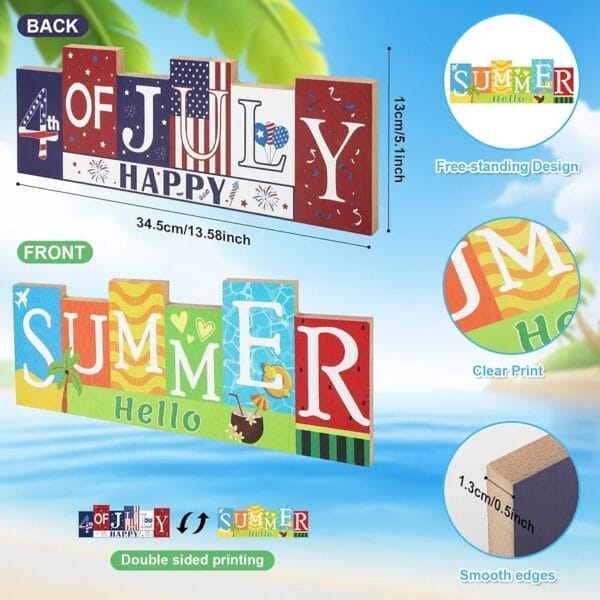 Double-sided family signs: "4th of July Happy" and "Summer Hello." Patriotic and summer themes. Wholesale supplier.